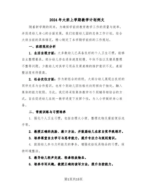 2024年大班上学期教学计划例文（六篇）