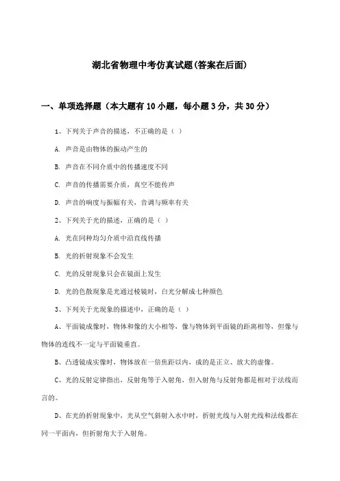 湖北省物理中考试题及解答参考