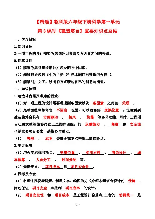 【精选】教科版六年级下册科学第一单元第3课时《建造塔台》重要知识点总结