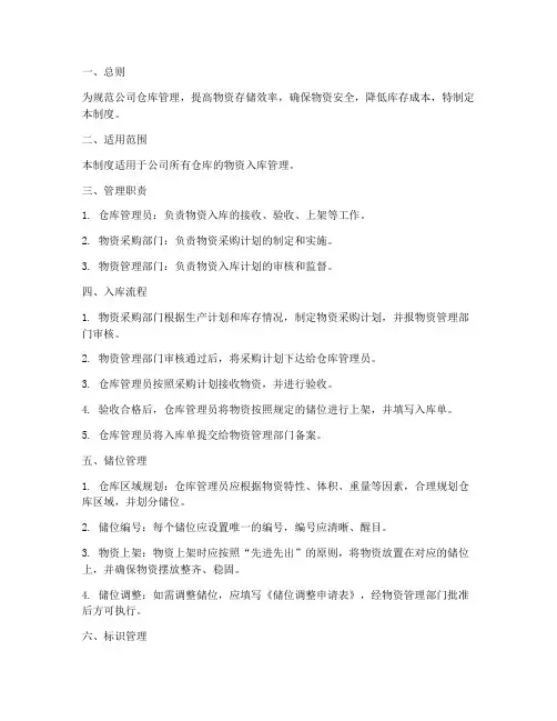 仓库储位入库管理制度