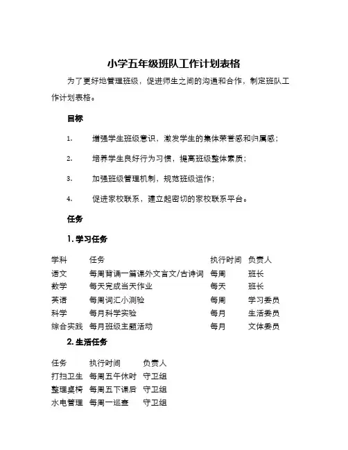 小学五年级班队工作计划表格
