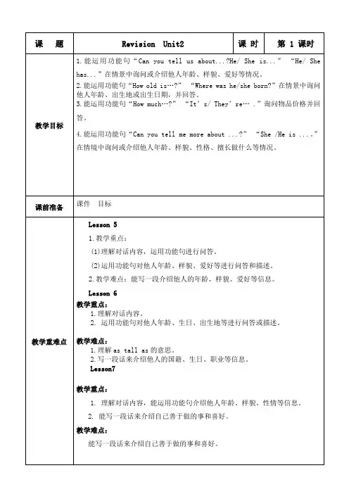 六年级英语下册复习Unit 2教案
