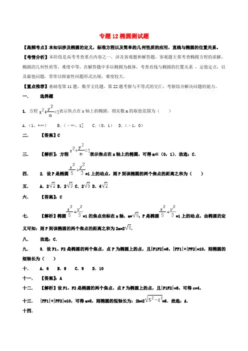 2020年【通用版】高考数学(艺术生)考前冲刺专题《椭圆》测试题(含答案)