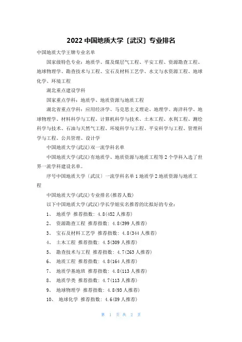 2022中国地质大学(武汉)专业排名