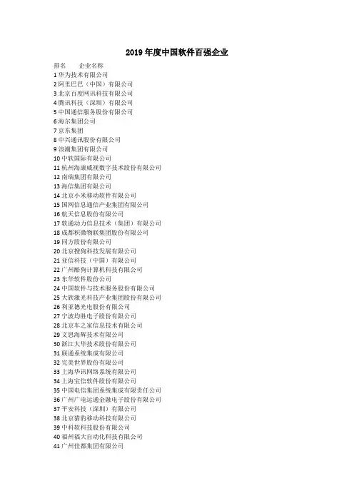 2019年度中国软件百强企业