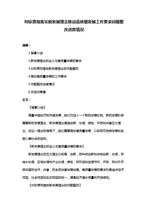 对标贯彻落实新发展理念推动高质量发展工作要求问题整改进度情况
