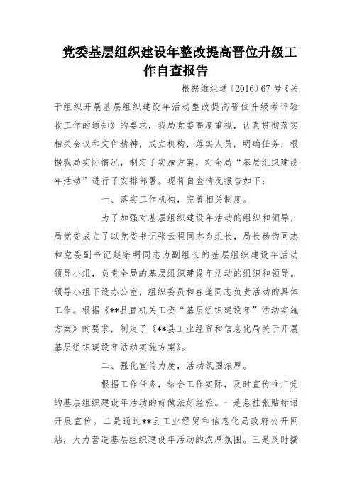 党委基层组织建设年整改提高晋位升级工作自查报告