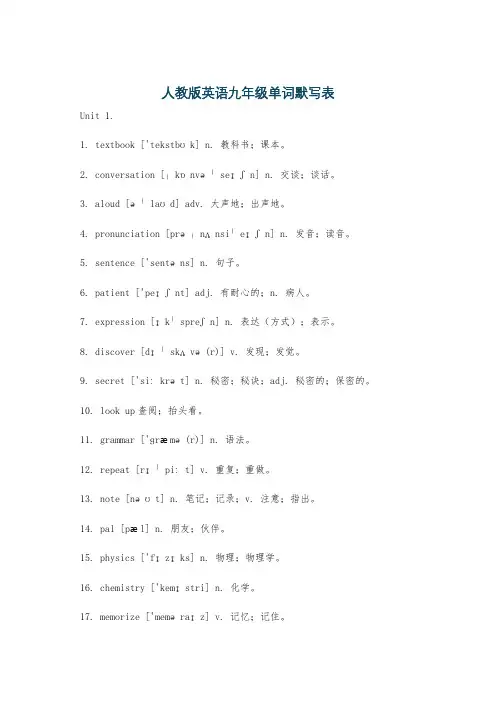 人教版英语九年级单词默写表