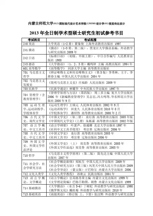 内蒙古师范大学初试参考书目