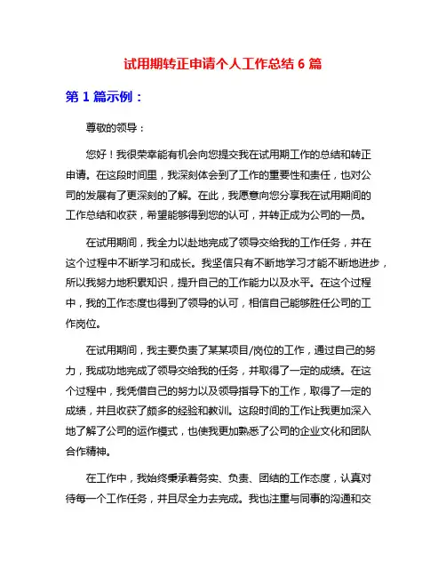 试用期转正申请个人工作总结6篇
