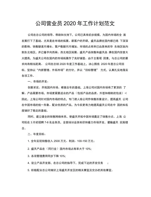 公司营业员2020年工作计划范文