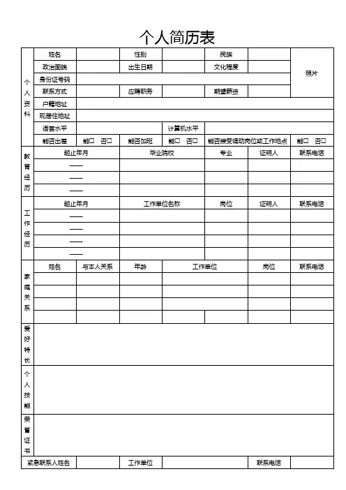 实用空白个人简历表格word模板