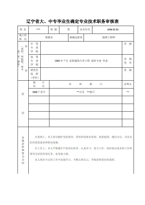辽宁省大中专毕业生确定专业技术职务审核表范本