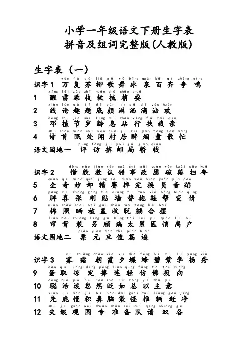 人教版小学一年级语文下册生字表拼音注音及组词完整版