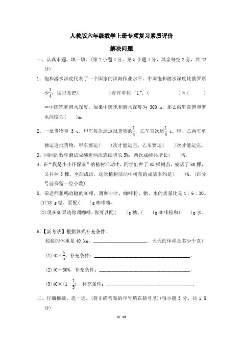 人教版六年级数学上册期末专项  解决问题 精品试卷附答案