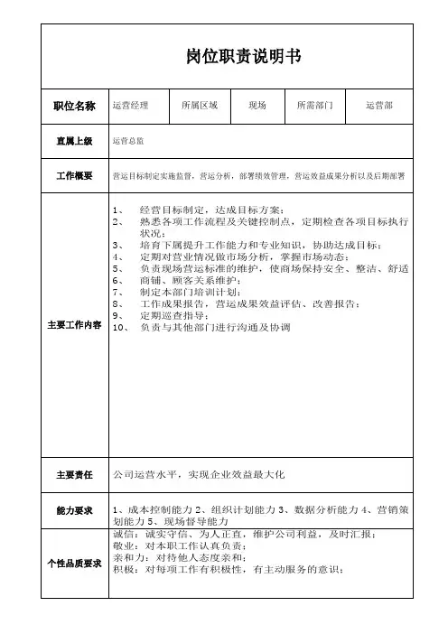 运营经理岗位职责说明书
