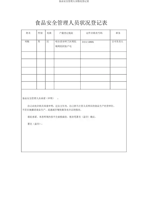 食品安全管理人员情况登记表