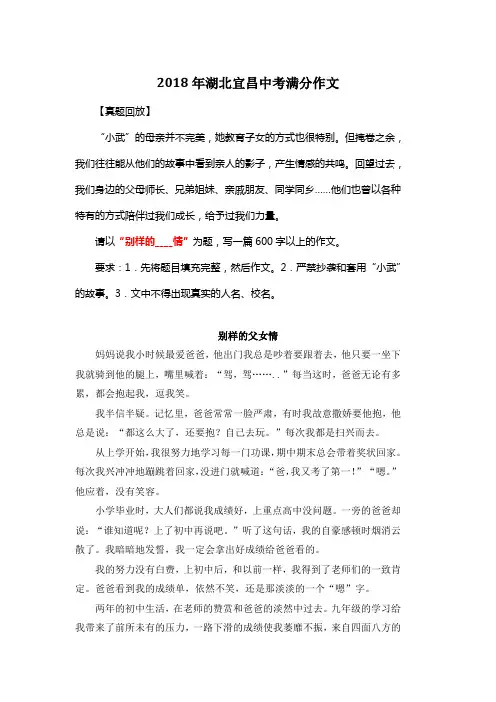 2018年湖北宜昌中考满分作文《别样的父女情》