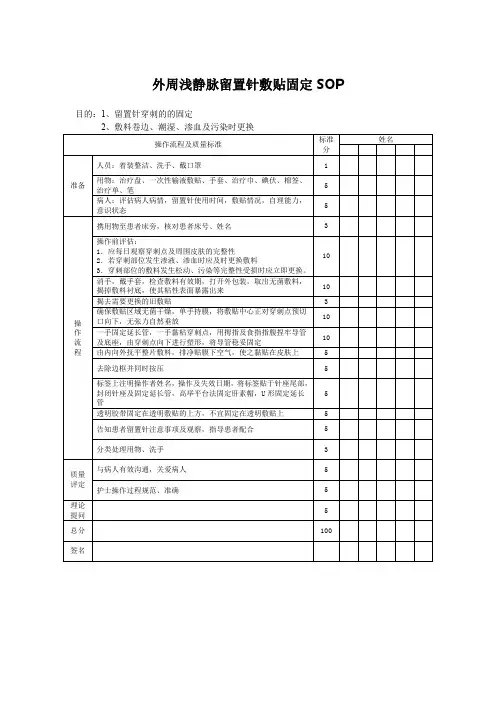 外周浅静脉留置针敷贴固定SOP评分标准