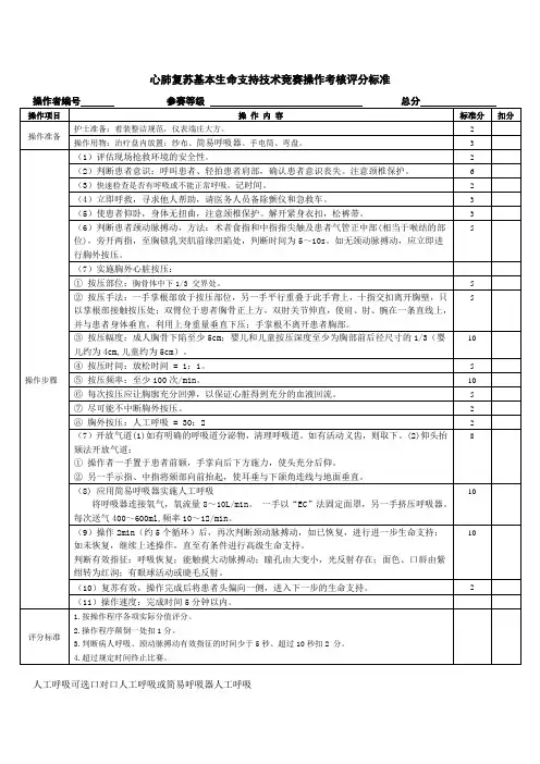 心肺复苏基本生命支持技术竞赛操作考核评分标准