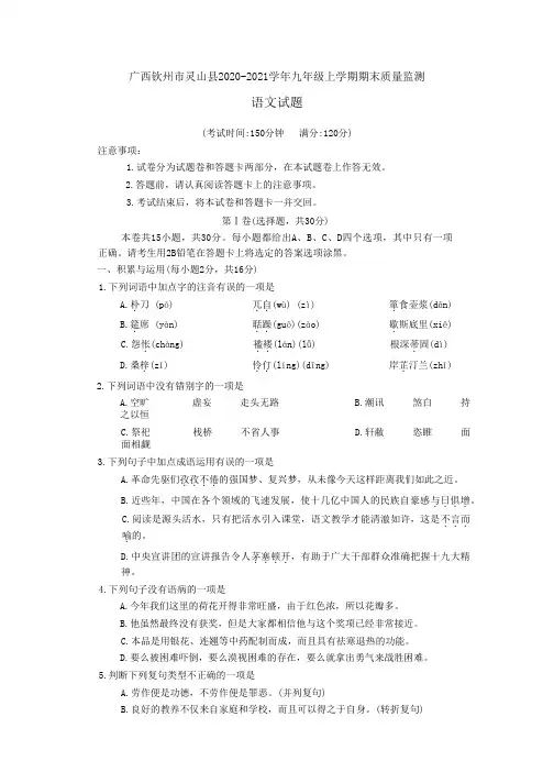 广西壮族自治区钦州市灵山县2020-2021学年九年级上学期期末质量监测语文试题