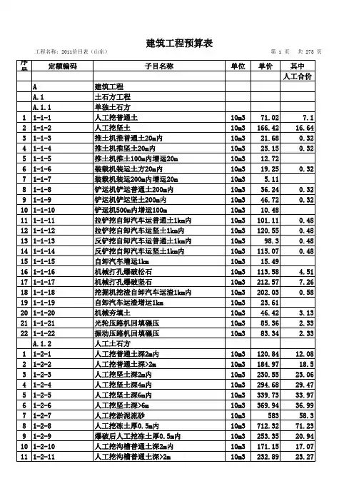 2011山东省消耗量定额价目表
