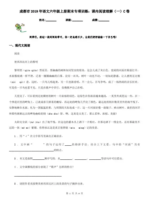 成都市2019年语文六年级上册期末专项训练：课内阅读理解(一)C卷