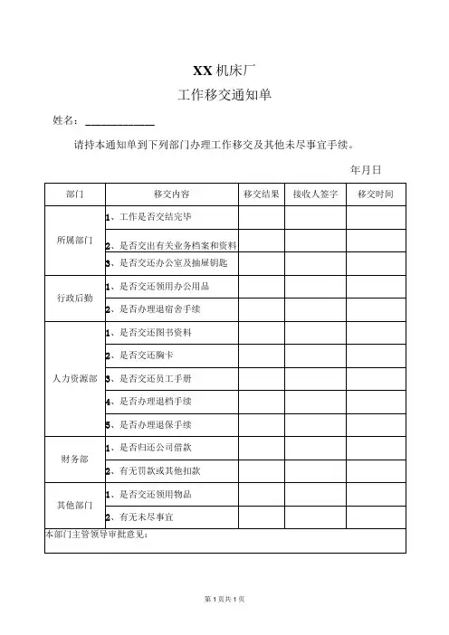XX机床厂工作移交通知单(2023年)