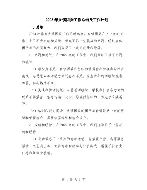 2023年乡镇团委工作总结及工作计划