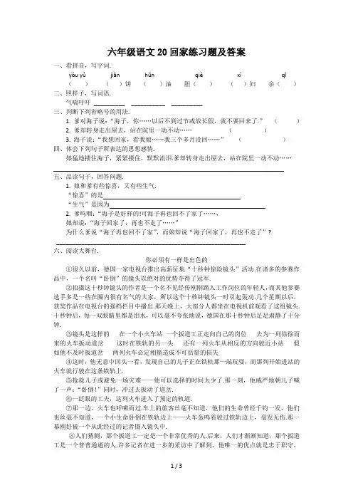 最新六年级语文20回家练习题及答案