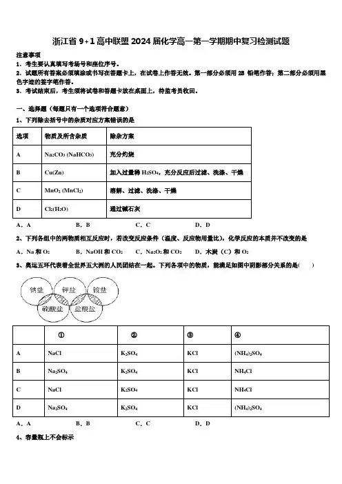 浙江省9+1高中联盟2024届化学高一第一学期期中复习检测试题含解析