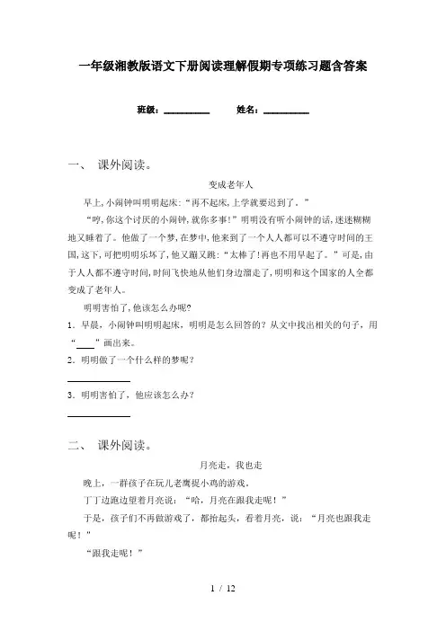 一年级湘教版语文下册阅读理解假期专项练习题含答案