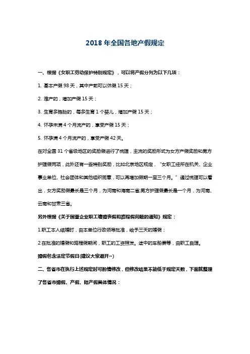 2018年全国各地产假规定