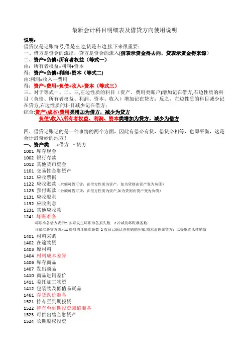 会计科目明细表及借贷方向使用说明