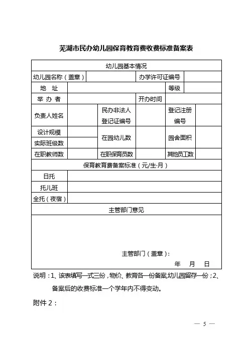 芜湖市民办幼儿园保育教育费收费标准备案表