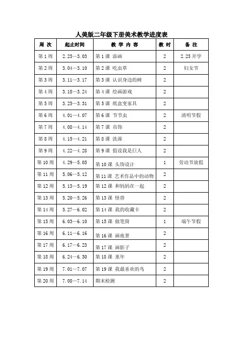 人美版二年级下册美术教学进度表