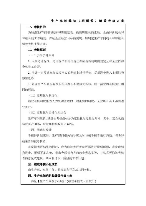生产车间线长(班组长)绩效考核方案