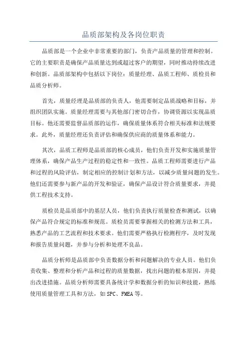 品质部架构及各岗位职责
