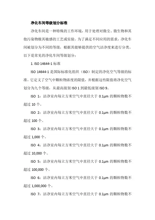 净化车间等级划分标准