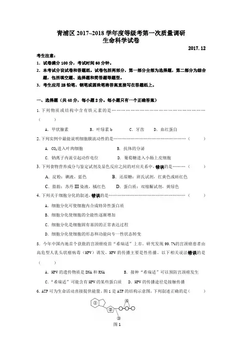 上海市青浦区2018年高三(一模)生命科学试题及答案