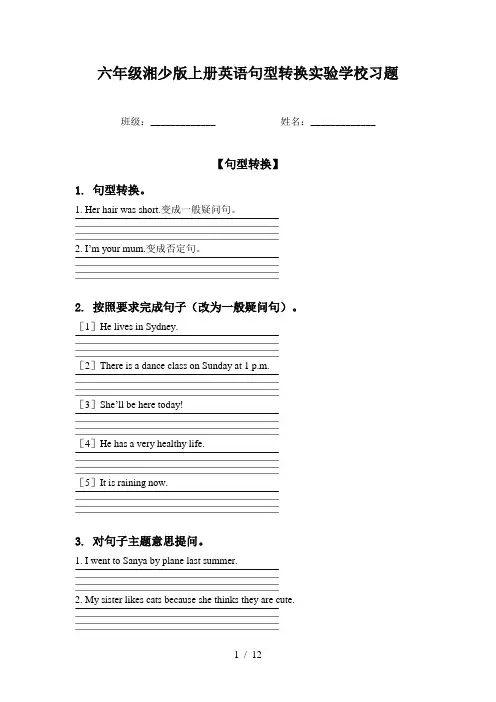 六年级湘少版上册英语句型转换实验学校习题