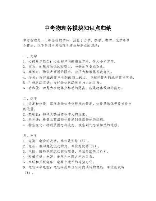 中考物理各模块知识点归纳