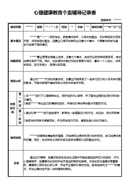 心理健康教育个案辅导记录表