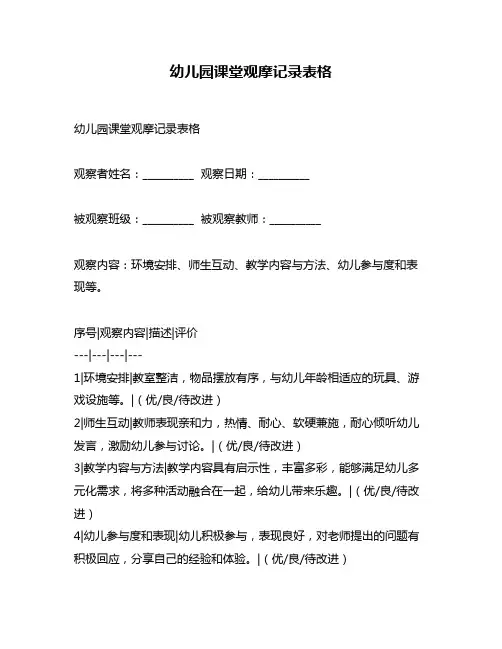 幼儿园课堂观摩记录表格