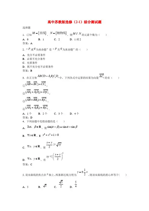 高中数学综合练习 苏教版选修2—1