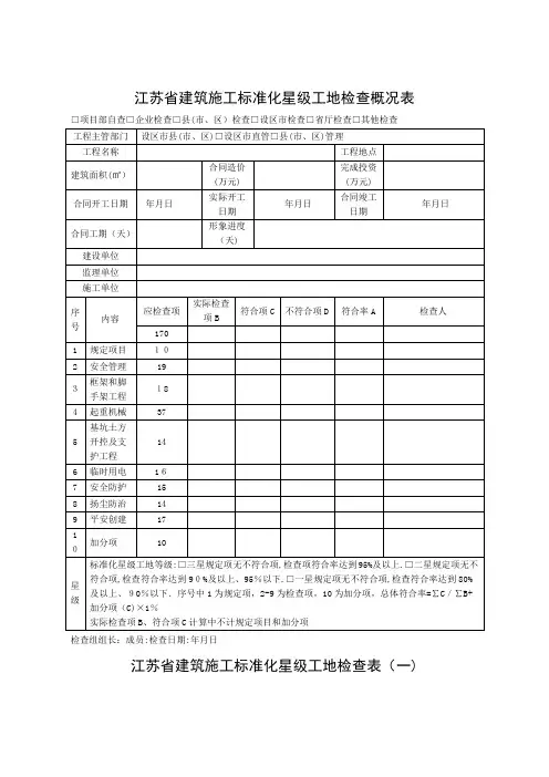 江苏建筑施工标准化星级工地检查概况表