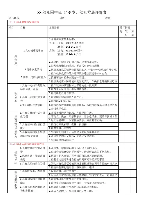 XX幼儿园中班幼儿发展评价表