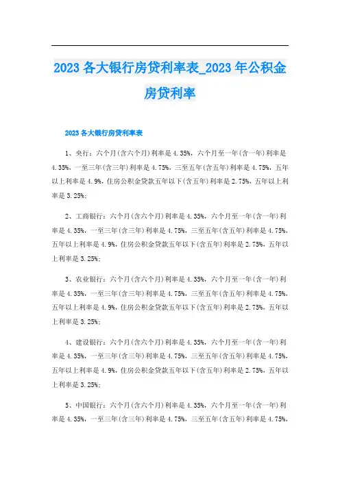 2023各大银行房贷利率表2023年公积金房贷利率