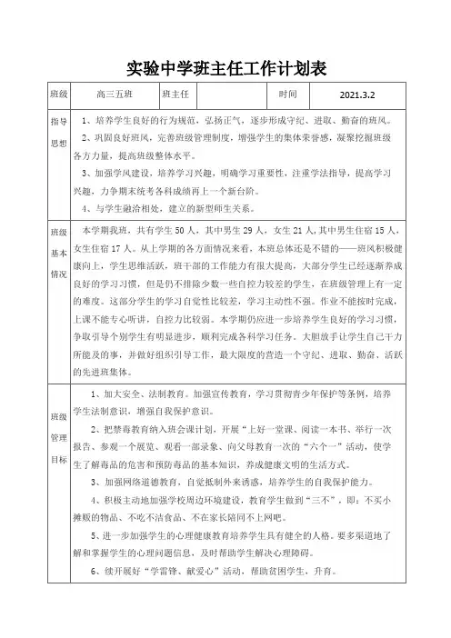 2021年春季实验中学班主任工作计划表(高三)