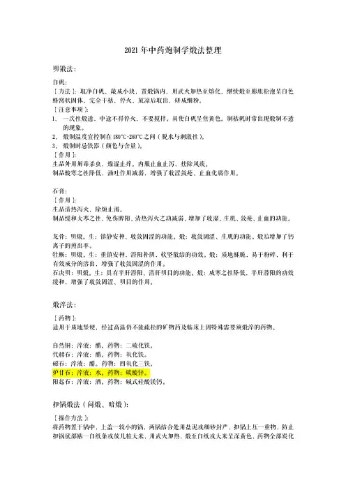 2021年中药炮制学煅法整理